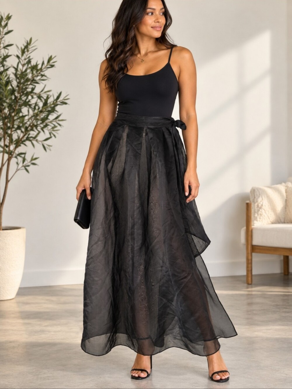 Black Sheer Organza Wrap Maxi Skirt Tie Waist Pleated Layered Formal Evening